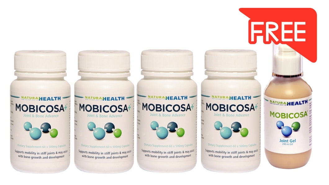 ☆SPECIAL☆ FOUR PACK Mobicosa+® Joint & Bone Advance Supplement 60 Capsules 500mg + 1 Free Mobicosa® Topical Joint Gel 200ml