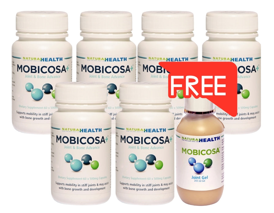 ☆SPECIAL☆ SIX PACK Mobicosa+® Joint & Bone Advance Supplement 60 Capsules 500mg + 1 Free Mobicosa® Topical Joint Gel 200ml